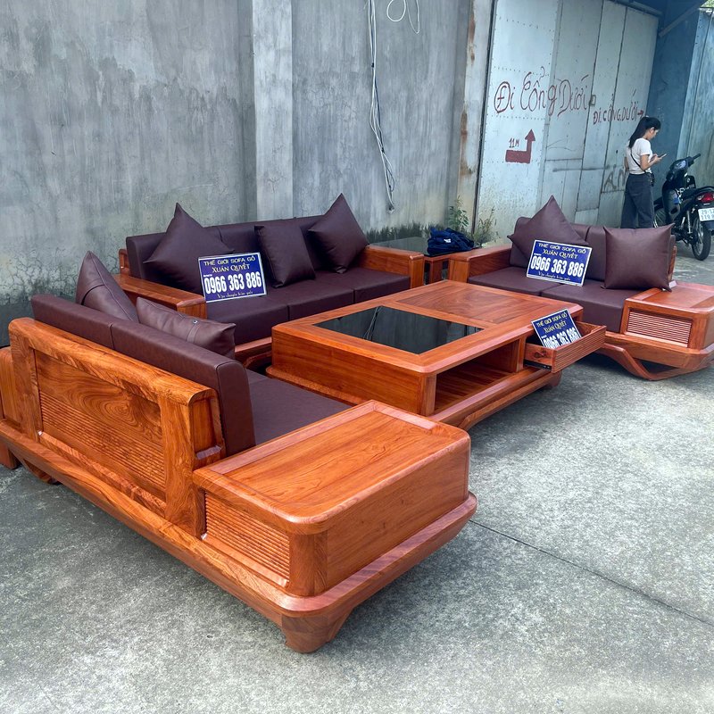 Sofa gỗ hương đá đệm da